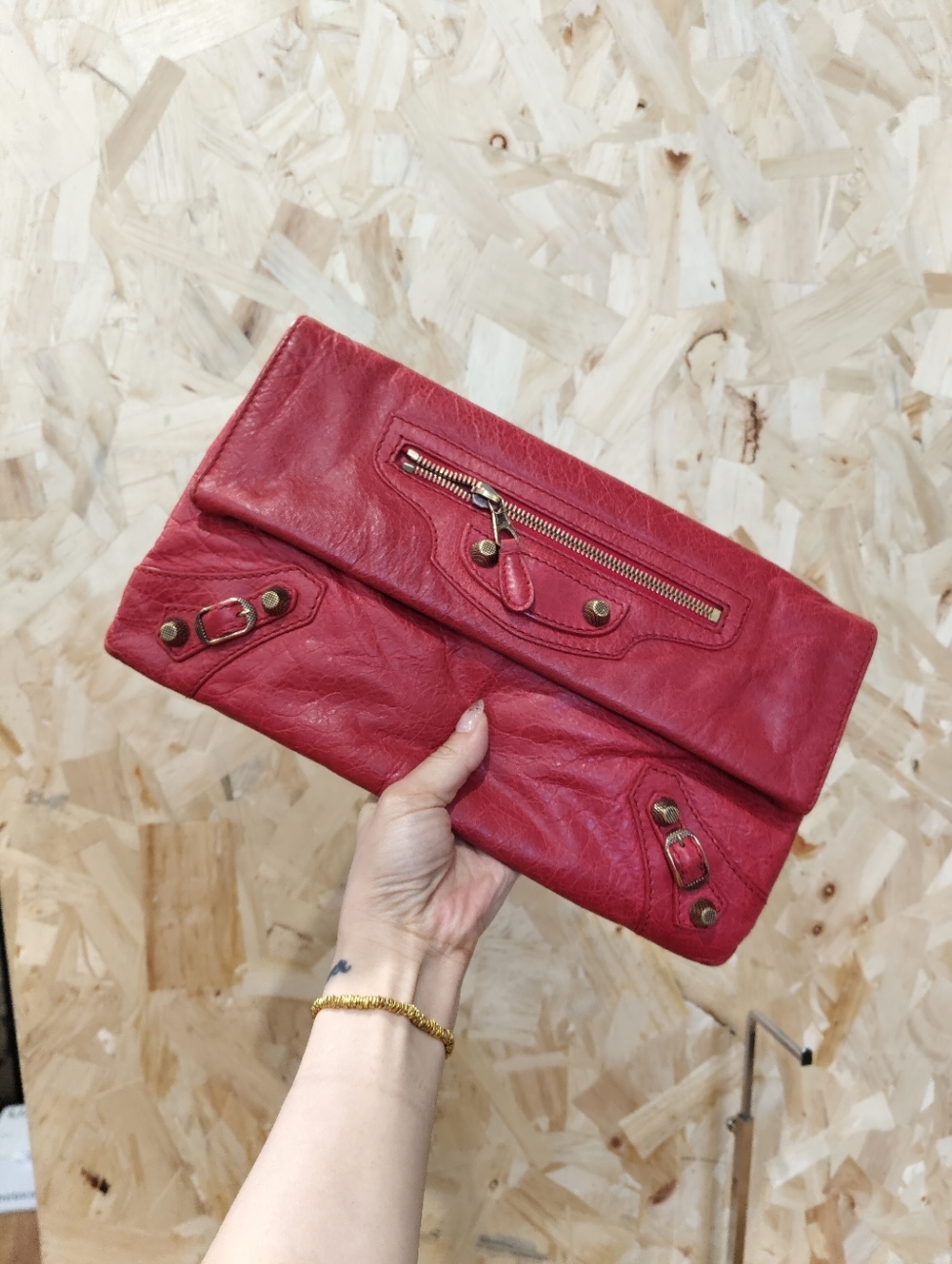 Balenciaga Red Fold-Over Leather Clutch